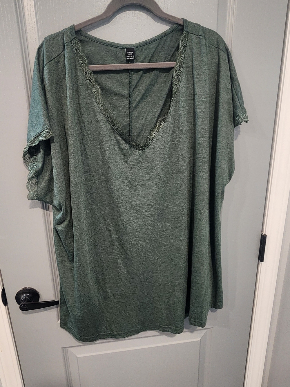 SHEIN Olive Green Lace Trim V-Neck Blouse